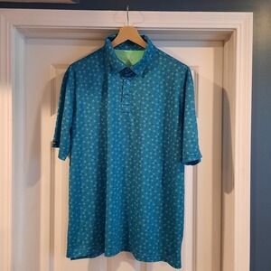 Straight Down Polo Mens XXL Golf Shirt Teal Allover Geometric Print‎ Performance
